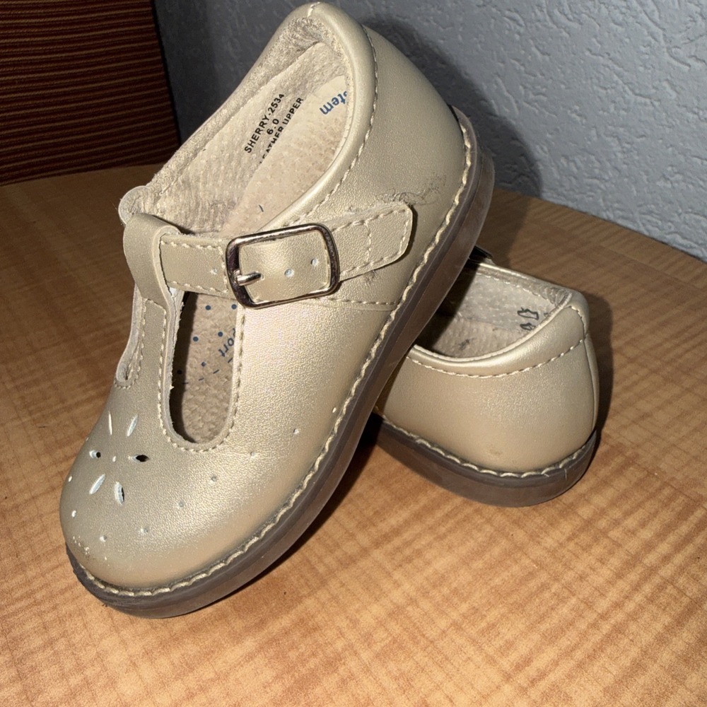 FOOTMATES Sherry Gold Leather T-Strap Mary Jane Shoes Toddler Girls US 6 Wide